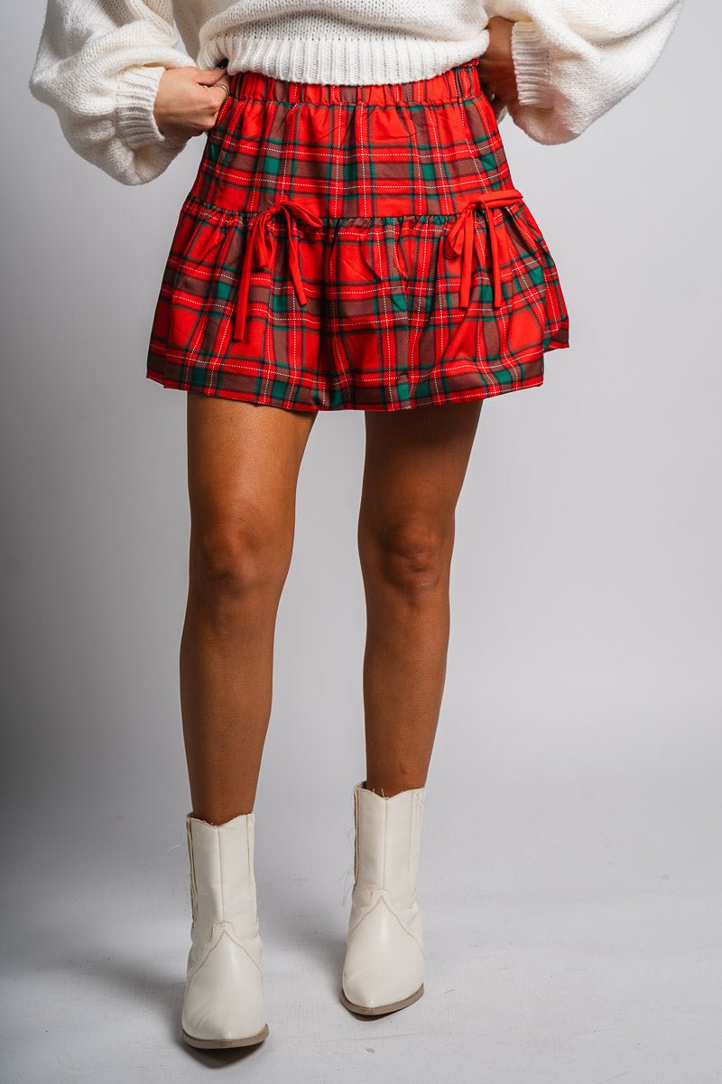 Plaid ruffle skirt red | Lush Fashion Lounge: boutique fashion skirts, affordable boutique skirts, cute affordable skirts