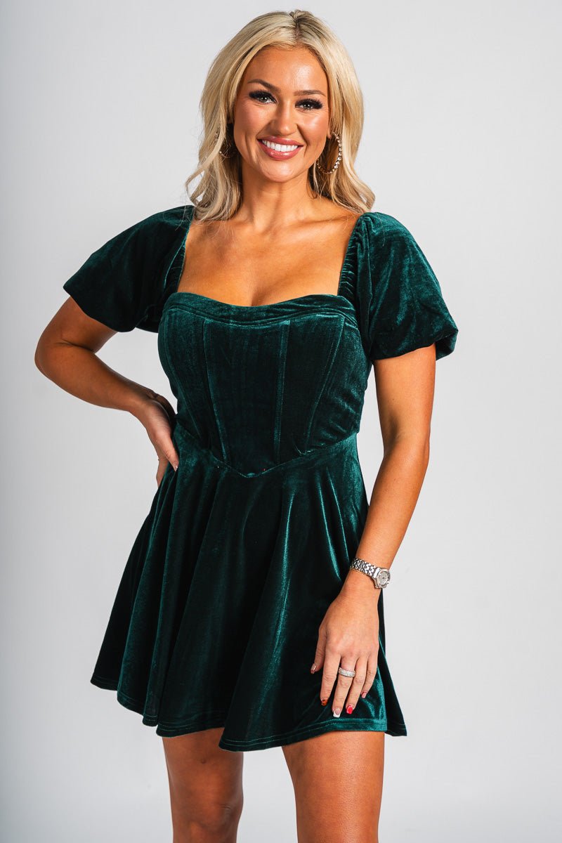 Puff sleeve corset velvet dress green - Affordable dress - Boutique Dresses at Lush Fashion Lounge Boutique in Oklahoma City