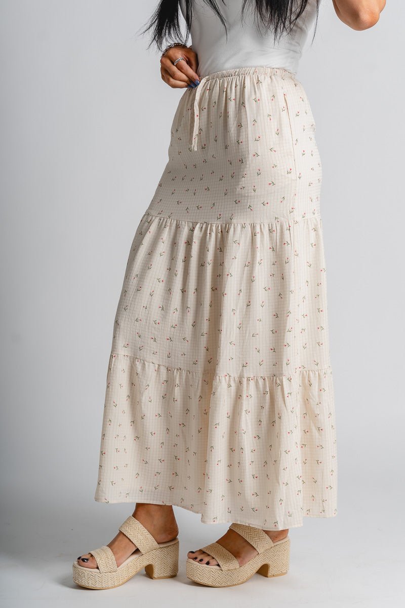 Floral tiered maxi skirt bone | Lush Fashion Lounge: boutique fashion skirts, affordable boutique skirts, cute affordable skirts
