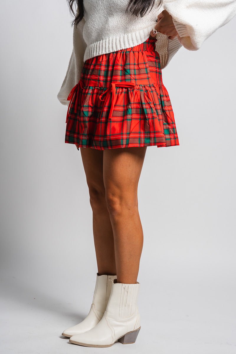 Plaid ruffle skirt red | Lush Fashion Lounge: boutique fashion skirts, affordable boutique skirts, cute affordable skirts