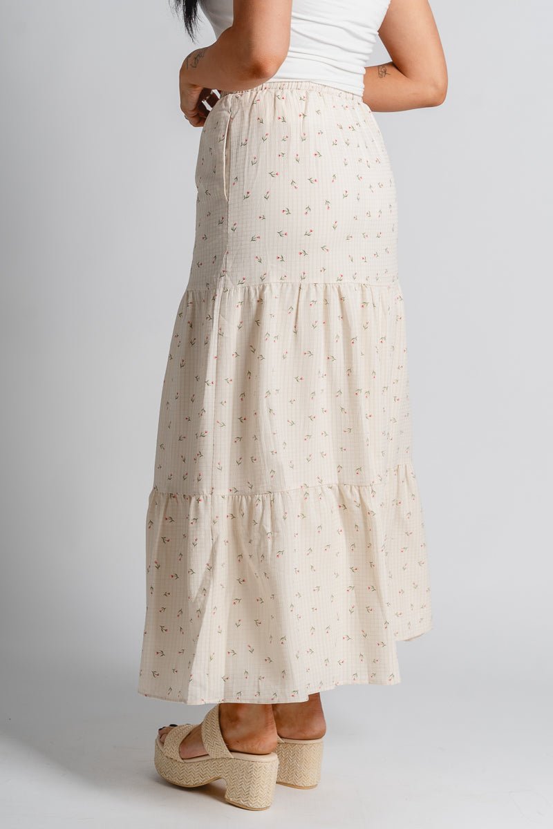 Floral tiered maxi skirt bone | Lush Fashion Lounge: boutique fashion skirts, affordable boutique skirts, cute affordable skirts