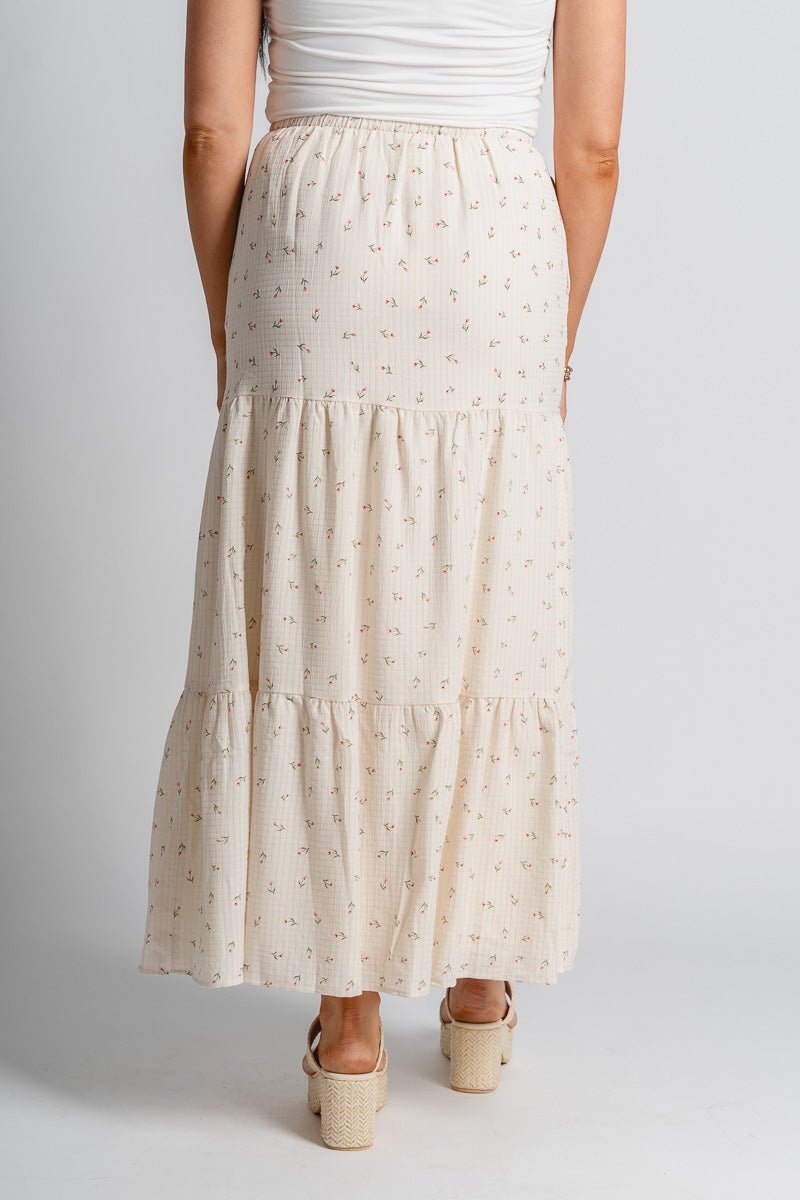 Floral tiered maxi skirt bone | Lush Fashion Lounge: boutique fashion skirts, affordable boutique skirts, cute affordable skirts