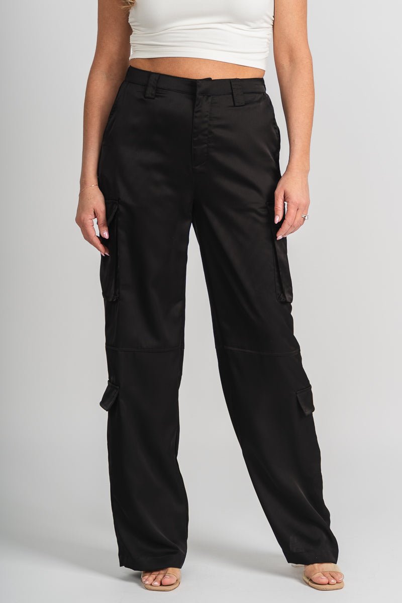 Satin cargo pants black | Lush Fashion Lounge: women's boutique pants, boutique women's pants, affordable boutique pants, women's fashion pants
