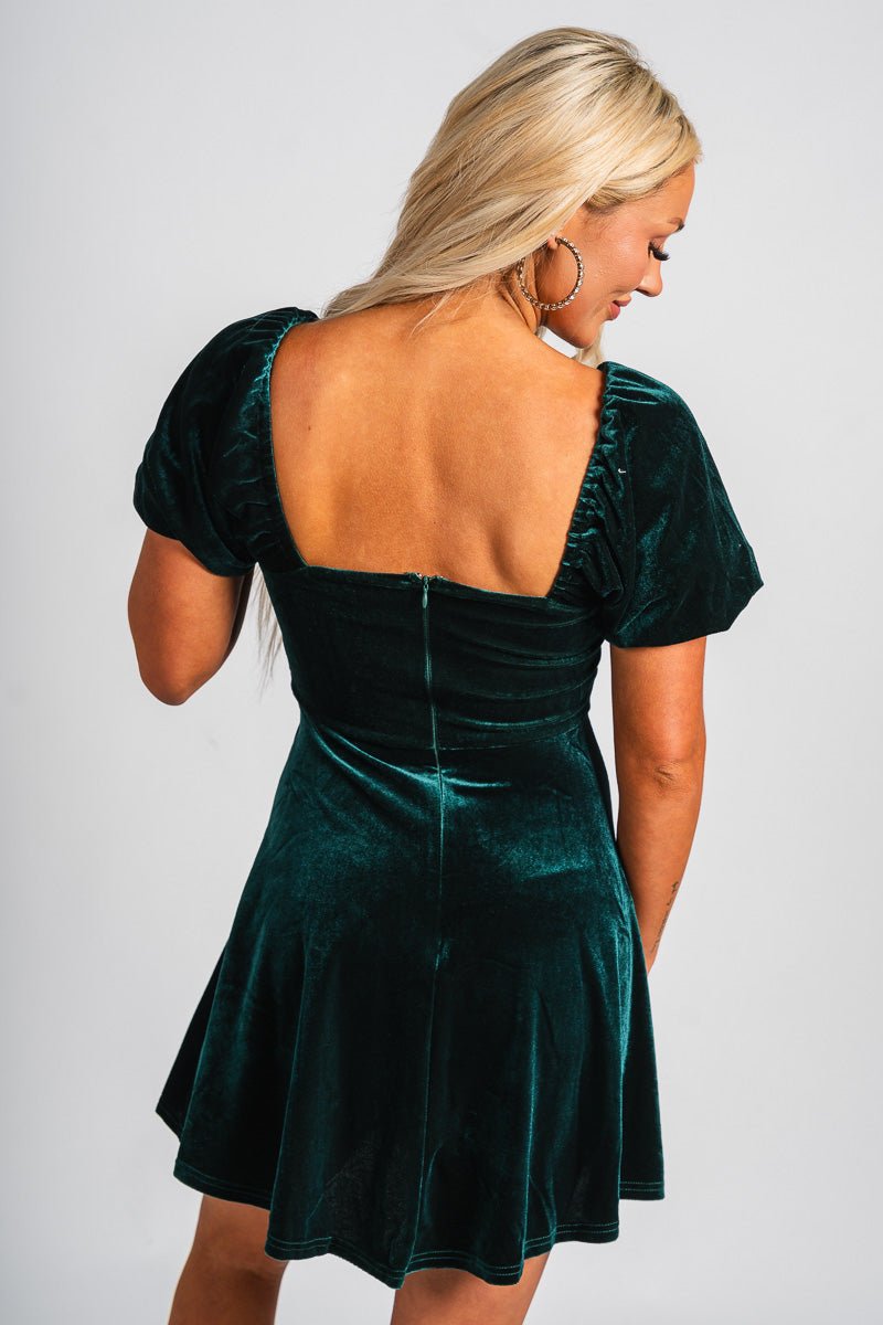 Puff sleeve corset velvet dress green