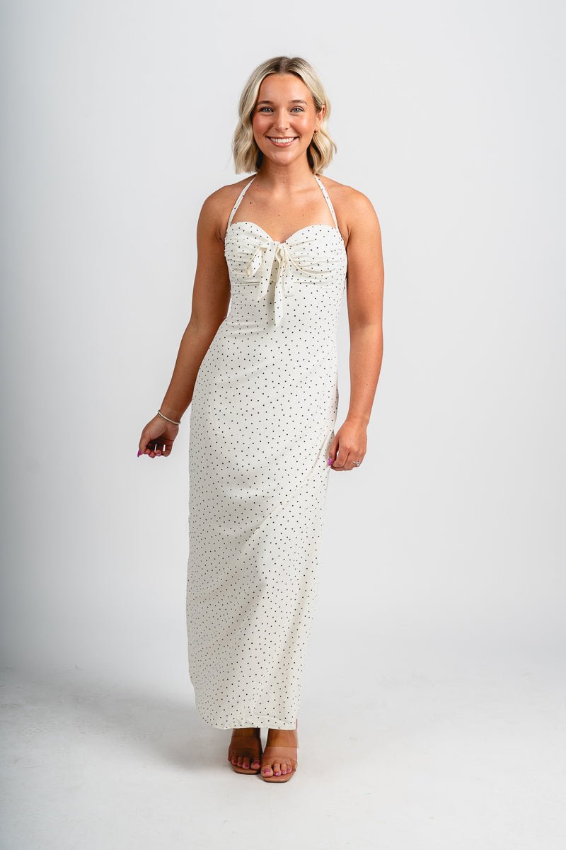 Polka dot halter maxi dress ivory - Trendy dress - Fashion Dresses at Lush Fashion Lounge Boutique in Oklahoma City