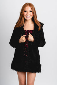 Fur trim jacket black - Trendy New Year's Eve Dresses, Skirts, Kimonos and Sequins at Lush Fashion Lounge Boutique in Oklahoma City