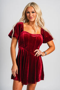 Puff sleeve corset velvet dress burgundy - Affordable dress - Boutique Dresses at Lush Fashion Lounge Boutique in Oklahoma City