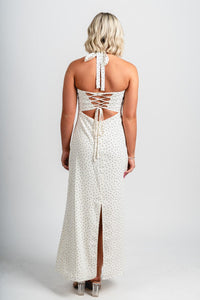 Polka dot halter maxi dress ivory - Affordable dress - Boutique Dresses at Lush Fashion Lounge Boutique in Oklahoma City