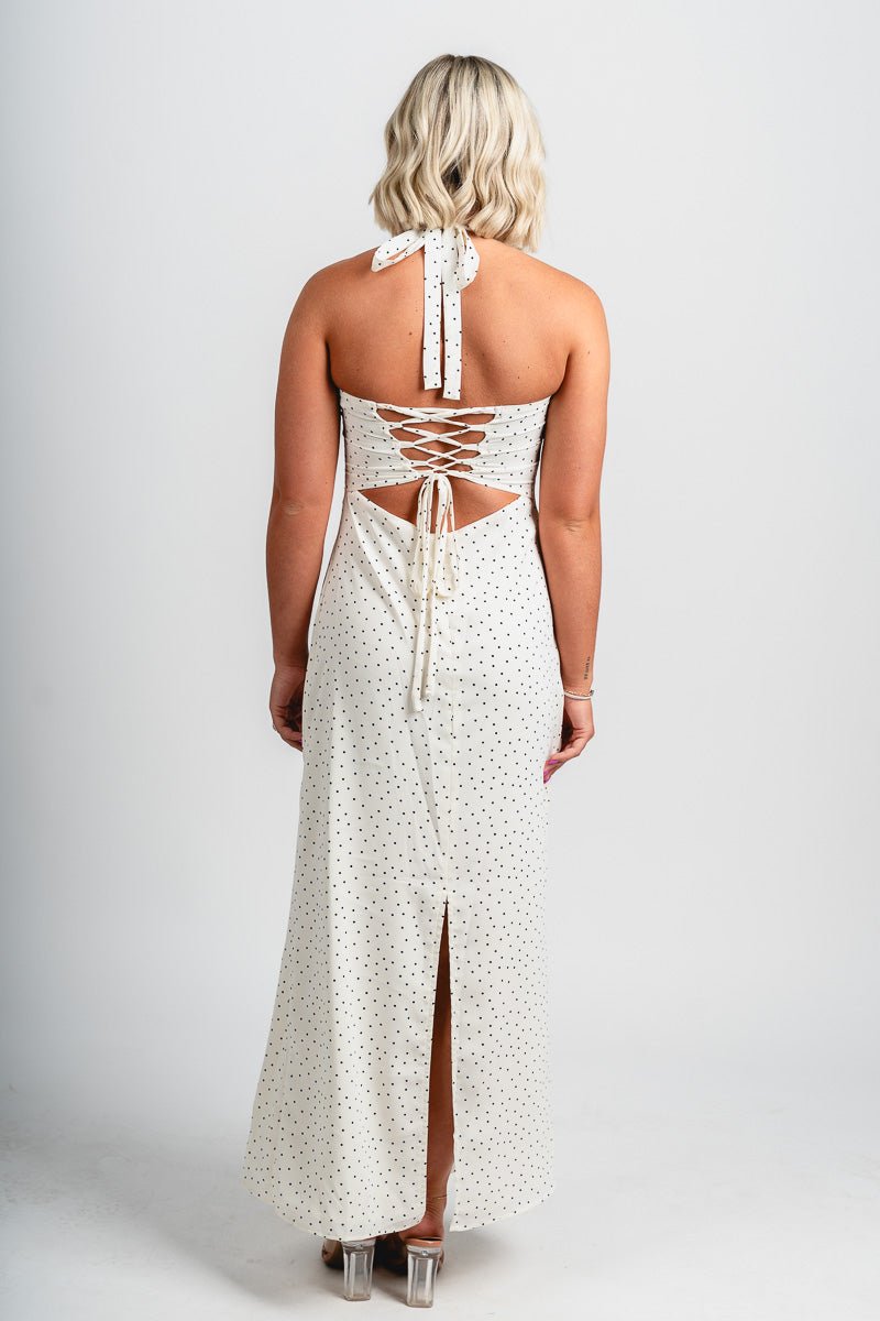 Polka dot halter maxi dress ivory - Affordable dress - Boutique Dresses at Lush Fashion Lounge Boutique in Oklahoma City