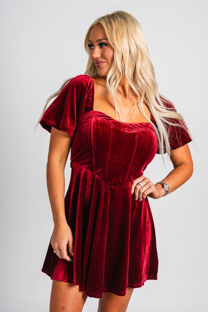 Puff sleeve corset velvet dress burgundy