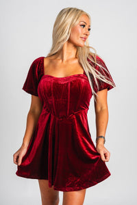 Puff sleeve corset velvet dress burgundy - Cute dress - Trendy Dresses at Lush Fashion Lounge Boutique in Oklahoma City