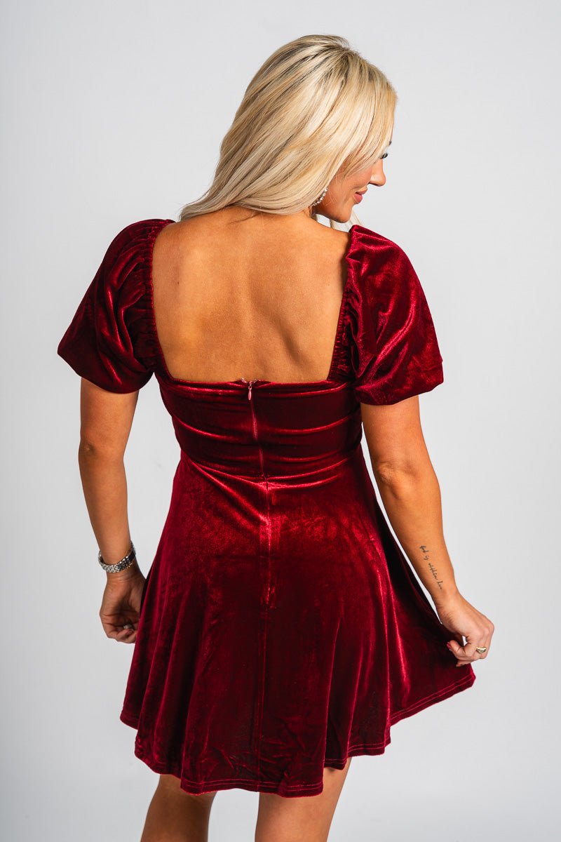 Puff sleeve corset velvet dress burgundy