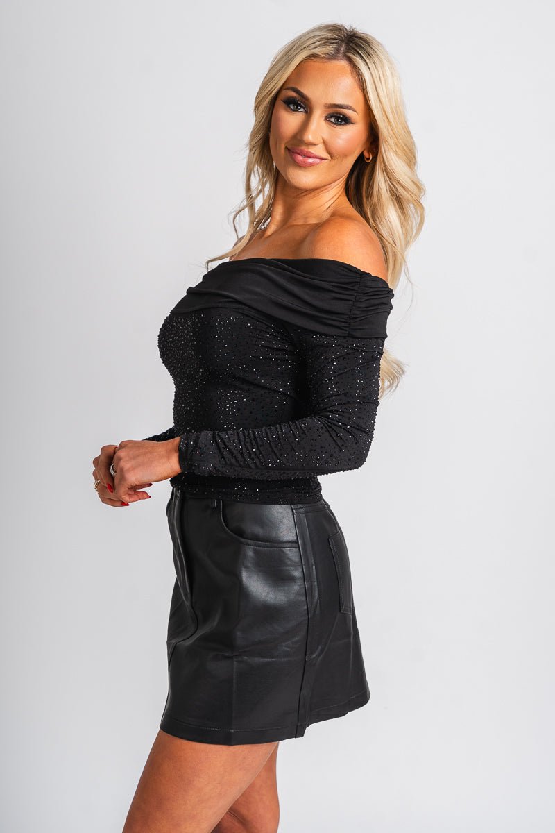 Off shoulder rhinestone top black