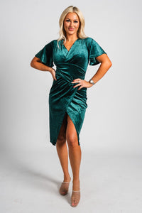 Ruched short sleeve velvet dress hunter green - Trendy dress - Fashion Dresses at Lush Fashion Lounge Boutique in Oklahoma City