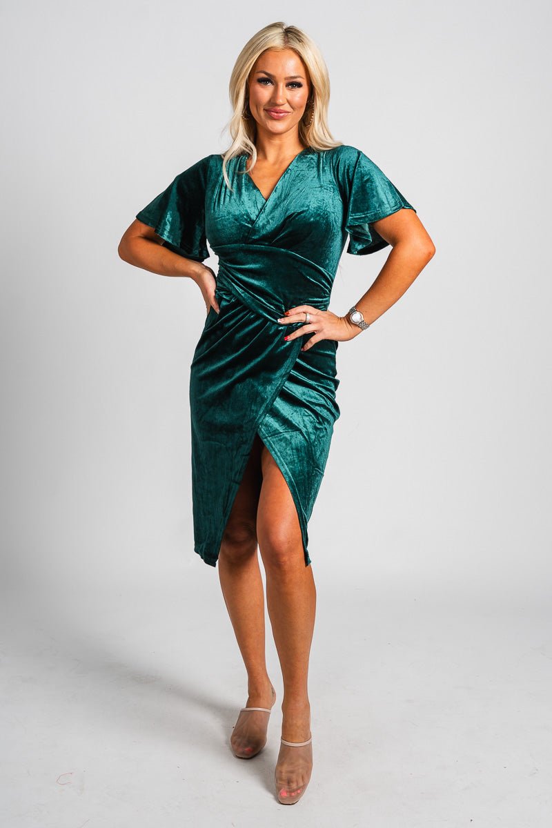 Ruched short sleeve velvet dress hunter green - Trendy dress - Fashion Dresses at Lush Fashion Lounge Boutique in Oklahoma City