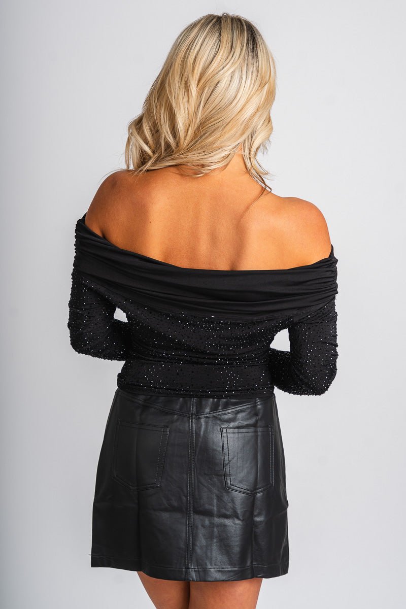 Off shoulder rhinestone top black