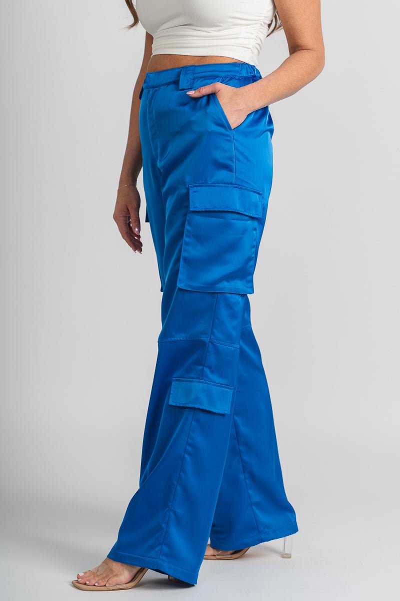 Satin cargo pants azure - Trendy OKC Apparel at Lush Fashion Lounge Boutique in Oklahoma City