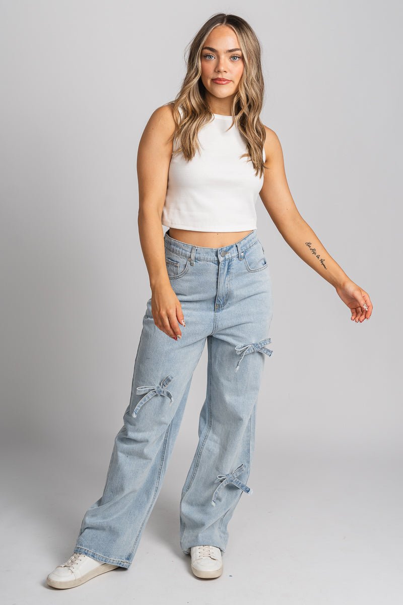 Bow detail wide leg jeans light denim | Lush Fashion Lounge: boutique women's jeans, fashion jeans for women, affordable fashion jeans, cute boutique jeans