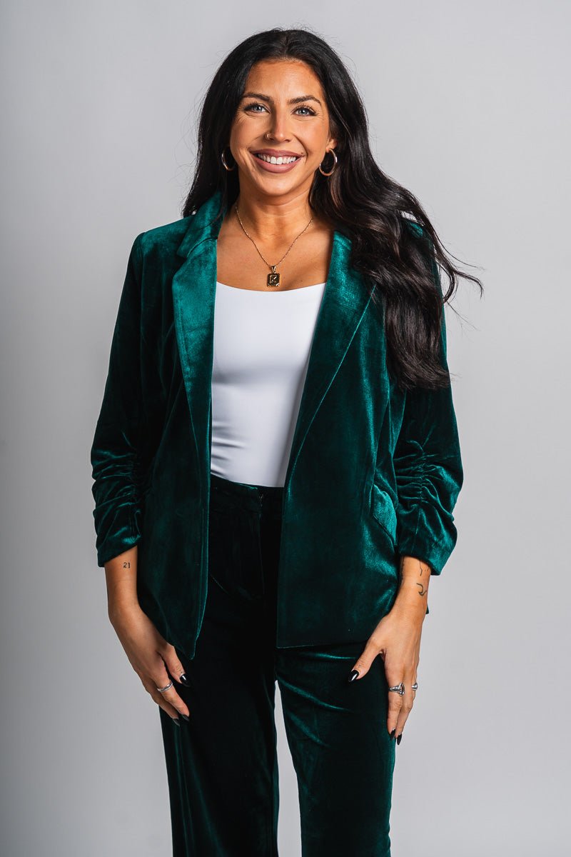 Velvet blazer hunter green – Affordable Blazers | Cute Black Jackets at Lush Fashion Lounge Boutique in Oklahoma City