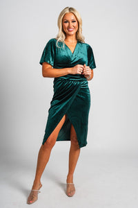 Ruched short sleeve velvet dress hunter green Stylish dress - Womens Fashion Dresses at Lush Fashion Lounge Boutique in Oklahoma City