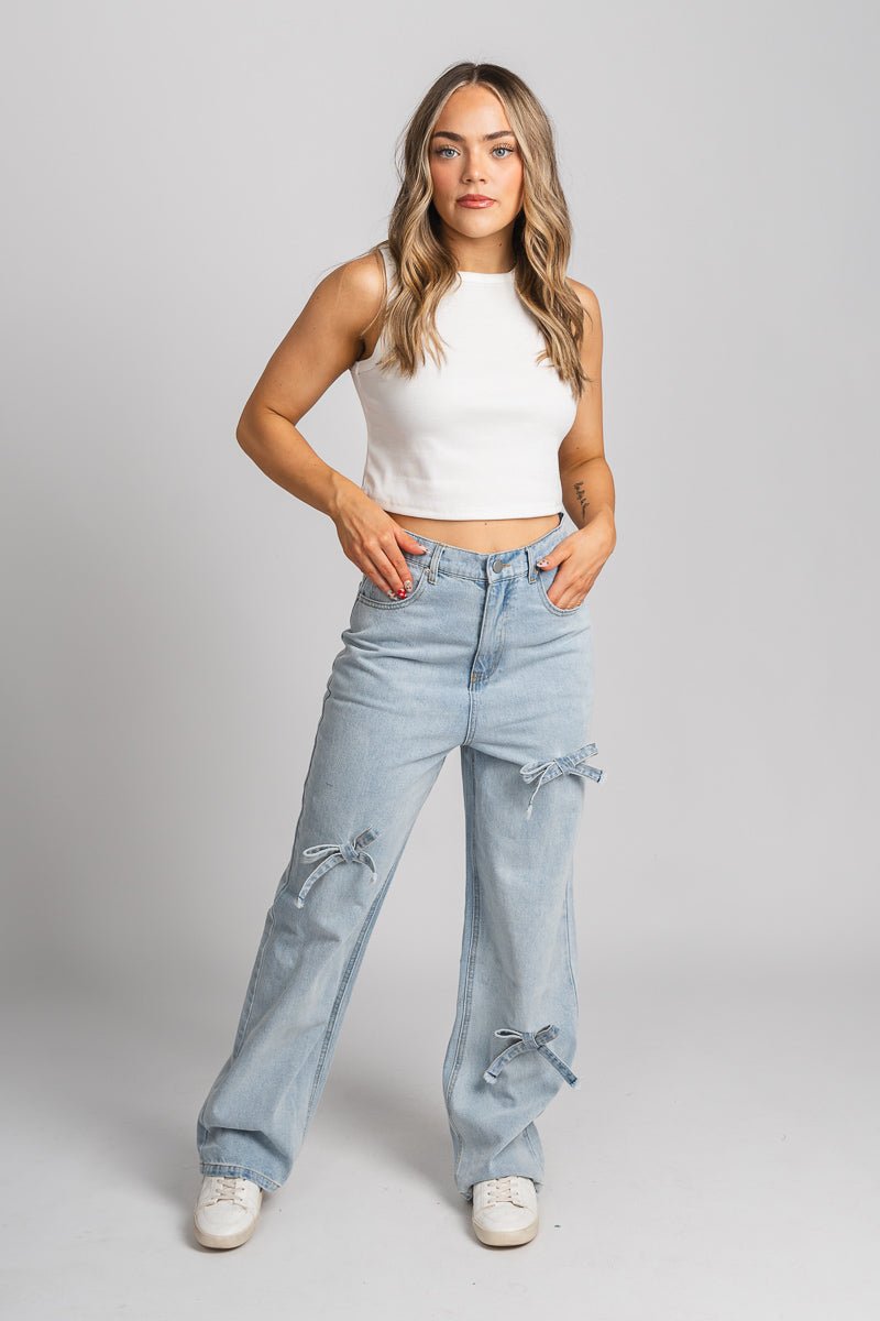 Bow detail wide leg jeans light denim | Lush Fashion Lounge: boutique women's jeans, fashion jeans for women, affordable fashion jeans, cute boutique jeans