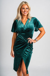 Ruched short sleeve velvet dress hunter green - Affordable dress - Boutique Dresses at Lush Fashion Lounge Boutique in Oklahoma City