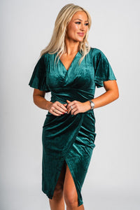 Ruched short sleeve velvet dress hunter green - Cute dress - Trendy Dresses at Lush Fashion Lounge Boutique in Oklahoma City