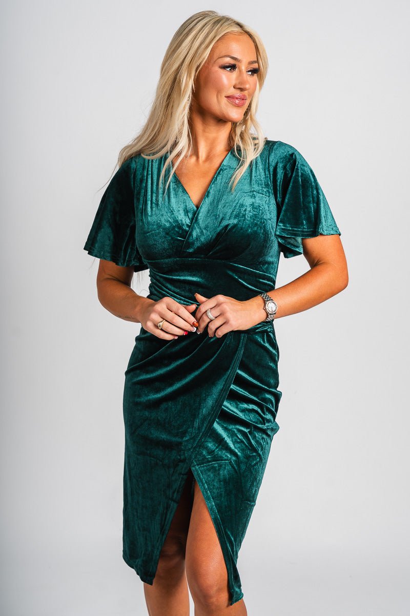 Ruched short sleeve velvet dress hunter green - Cute dress - Trendy Dresses at Lush Fashion Lounge Boutique in Oklahoma City