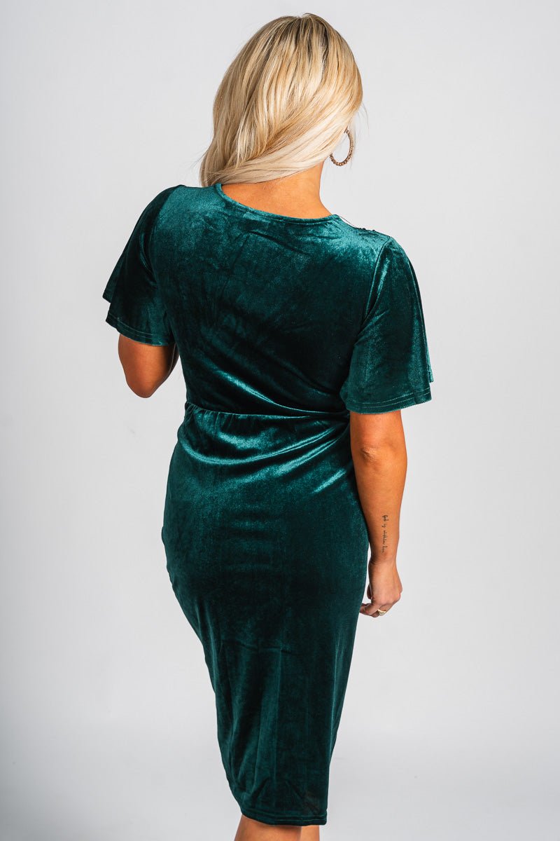 Ruched short sleeve velvet dress hunter green