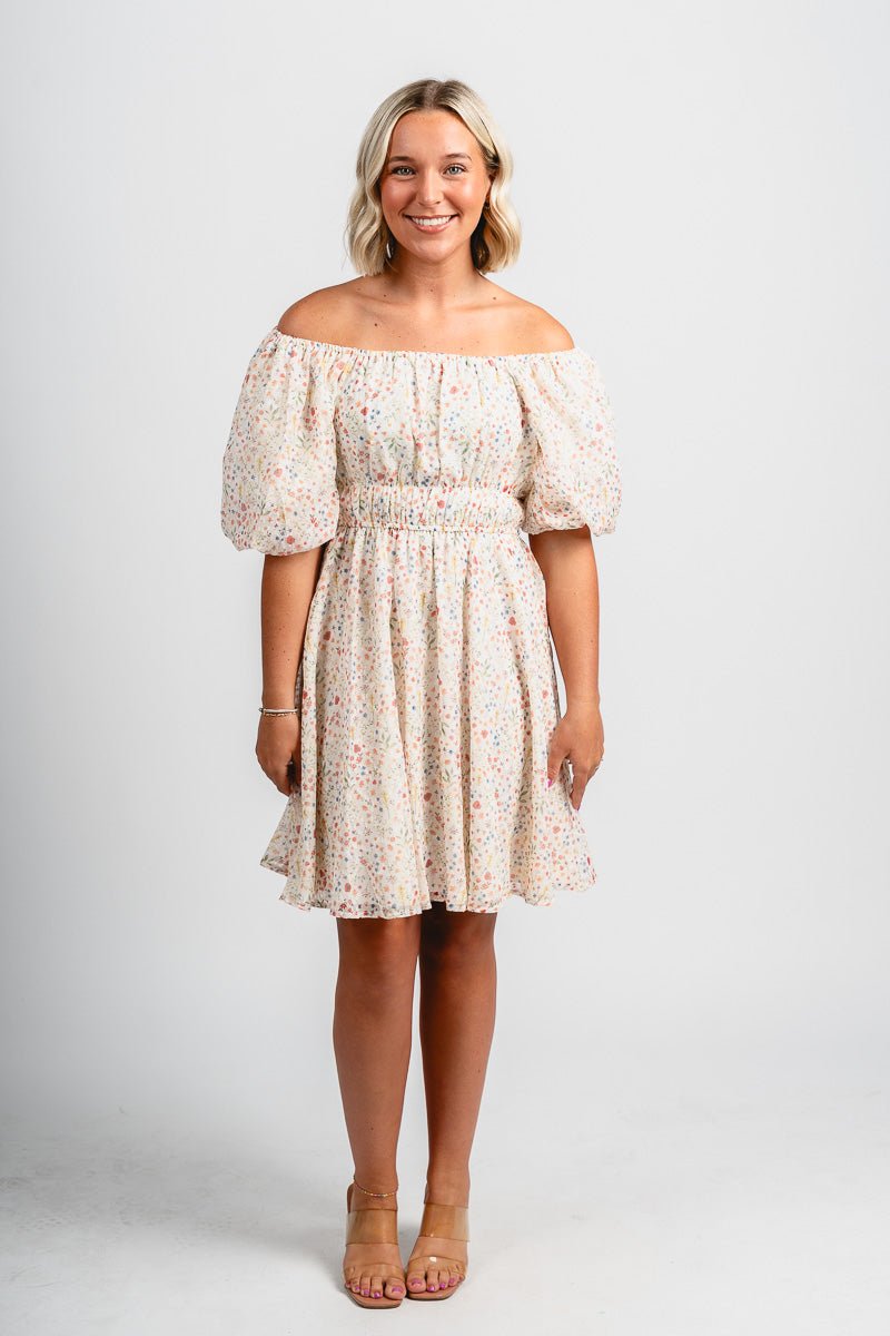 Puff sleeve floral dress cream - Trendy dress - Fashion Dresses at Lush Fashion Lounge Boutique in Oklahoma City