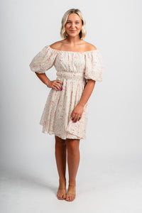Puff sleeve floral dress cream Stylish dress - Womens Fashion Dresses at Lush Fashion Lounge Boutique in Oklahoma City