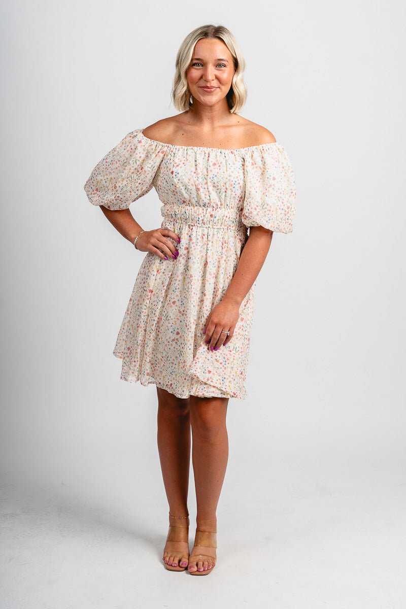 Puff sleeve floral dress cream Stylish dress - Womens Fashion Dresses at Lush Fashion Lounge Boutique in Oklahoma City