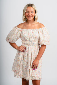 Puff sleeve floral dress cream - Cute dress - Trendy Dresses at Lush Fashion Lounge Boutique in Oklahoma City