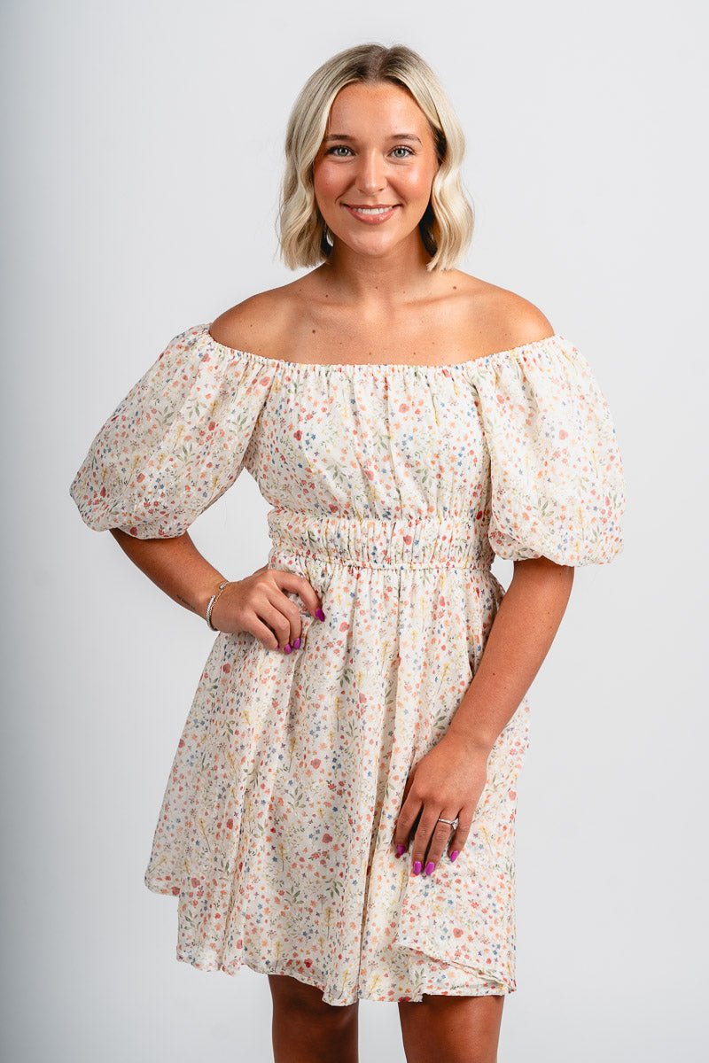Puff sleeve floral dress cream - Cute dress - Trendy Dresses at Lush Fashion Lounge Boutique in Oklahoma City