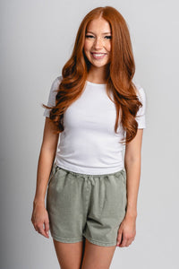 Denim sweat shorts sage - Affordable shorts - Boutique Shorts at Lush Fashion Lounge Boutique in Oklahoma City