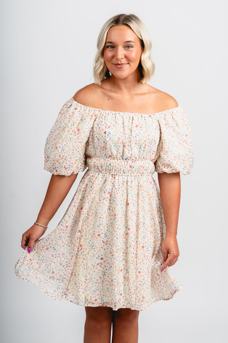 Puff sleeve floral dress cream - Affordable dress - Boutique Dresses at Lush Fashion Lounge Boutique in Oklahoma City