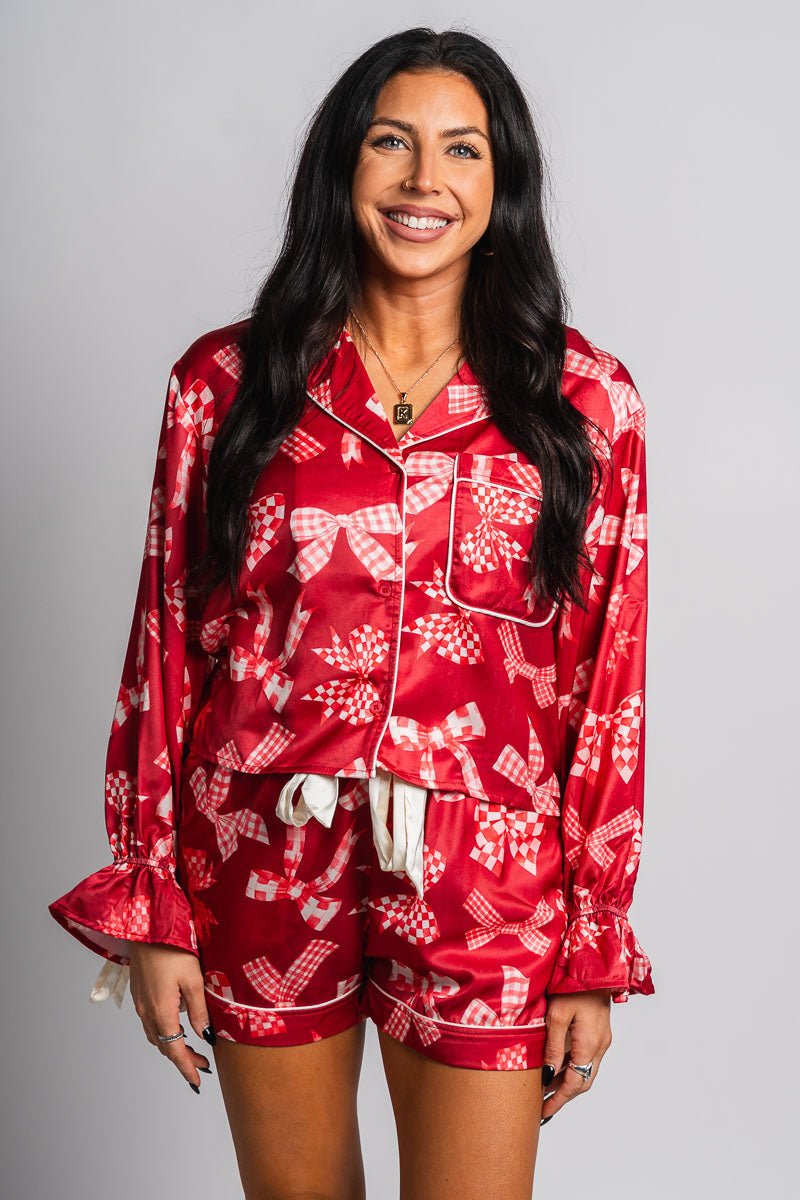 Checkered bow satin top red - Cute top - Fun Cozy Basics at Lush Fashion Lounge Boutique in Oklahoma City