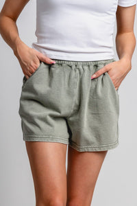 Denim sweat shorts sage - Cute shorts - Trendy Shorts at Lush Fashion Lounge Boutique in Oklahoma City