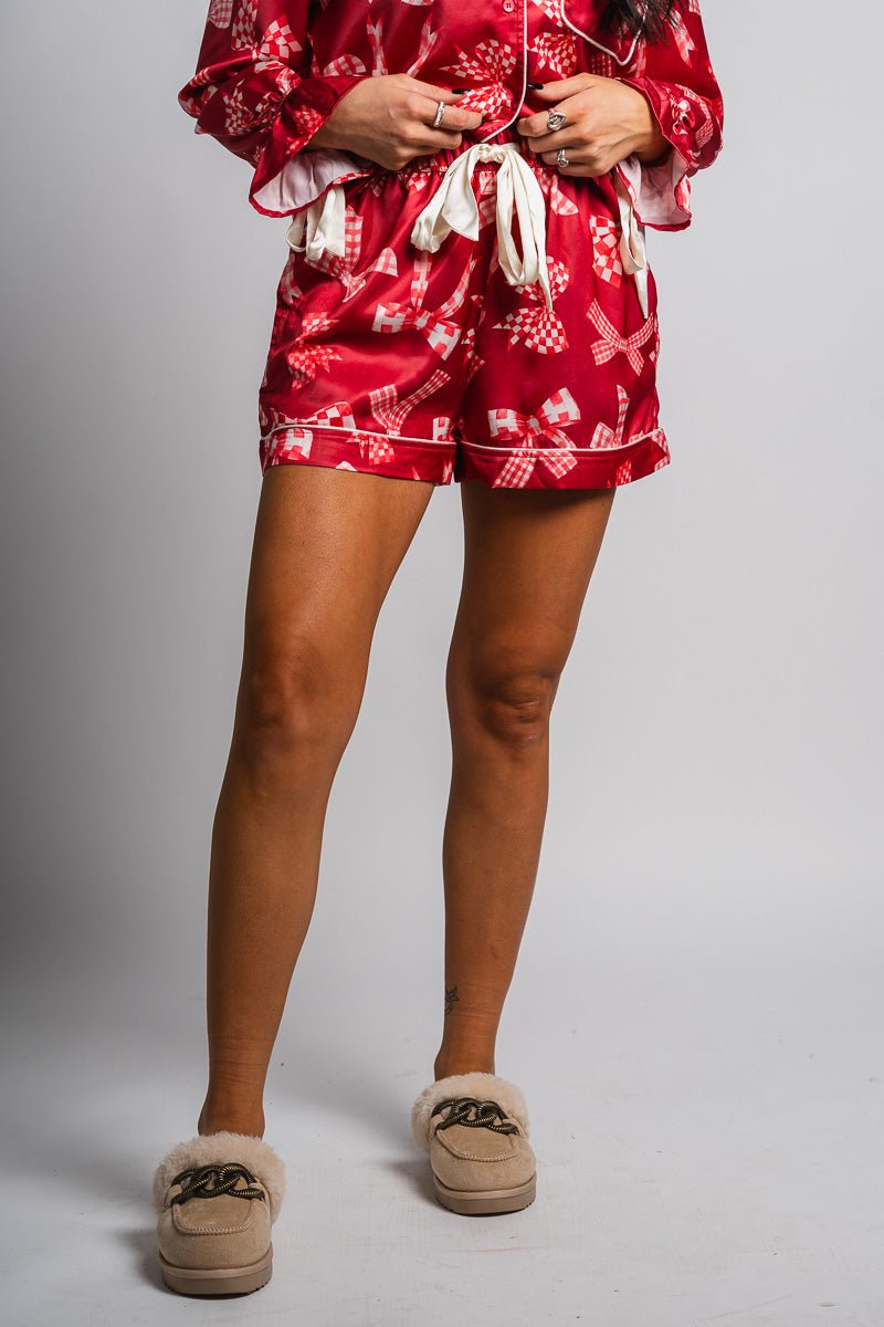 Checkered bow satin shorts red - Trendy Holiday Apparel at Lush Fashion Lounge Boutique in Oklahoma City