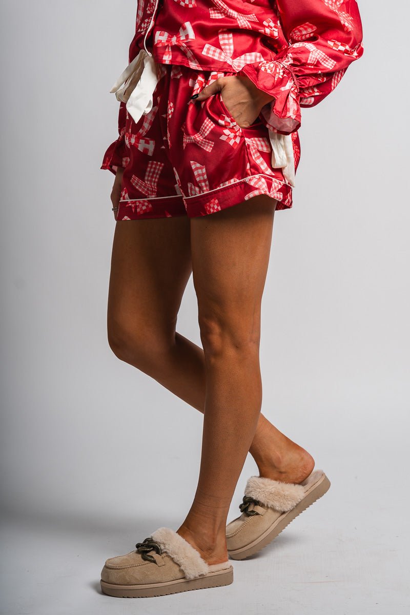 Checkered bow satin shorts red - Fun Shorts - Unique Lounge Looks at Lush Fashion Lounge Boutique in Oklahoma