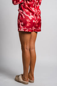 Checkered bow satin shorts red - Adorable Shorts - Stylish Comfortable Outfits at Lush Fashion Lounge Boutique in OKC