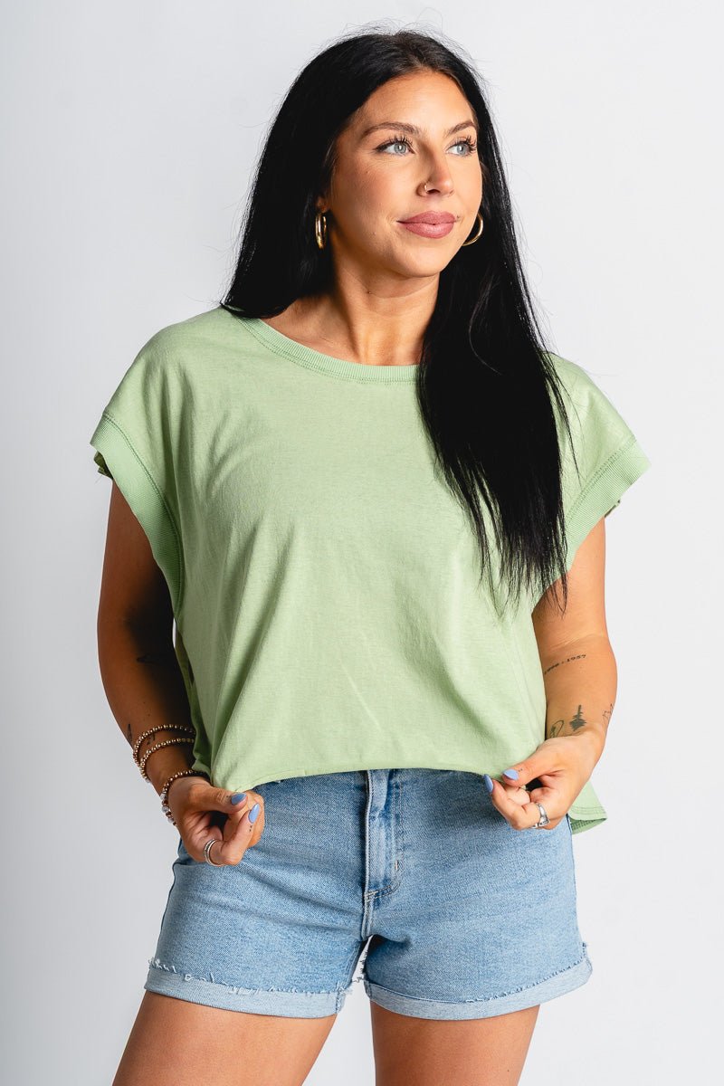 Open back flowy top sage - Cute top - Fun Vacay Basics at Lush Fashion Lounge Boutique in Oklahoma City