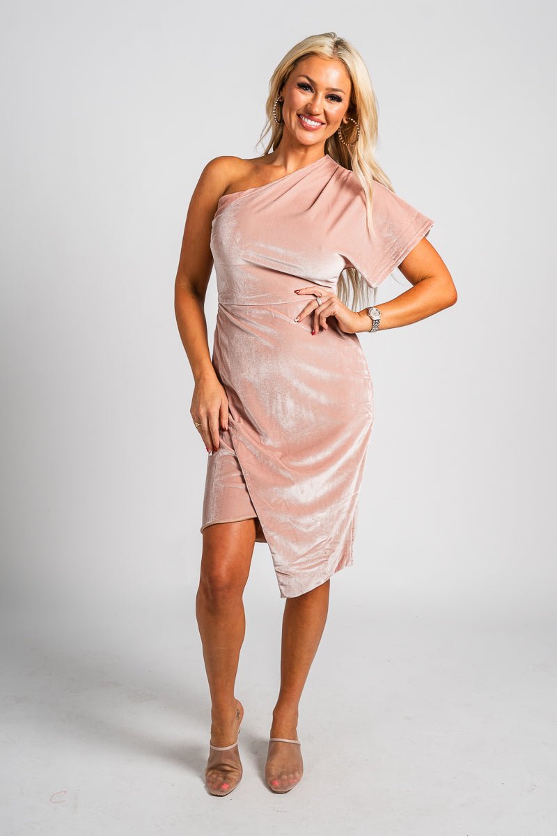 One shoulder velvet dress rose taupe Stylish dress - Womens Fashion Dresses at Lush Fashion Lounge Boutique in Oklahoma City