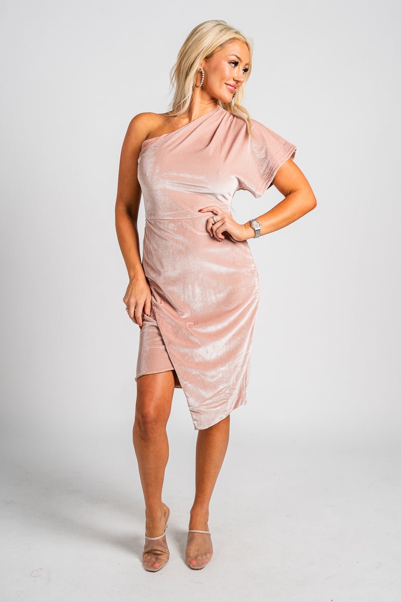 One shoulder velvet dress rose taupe