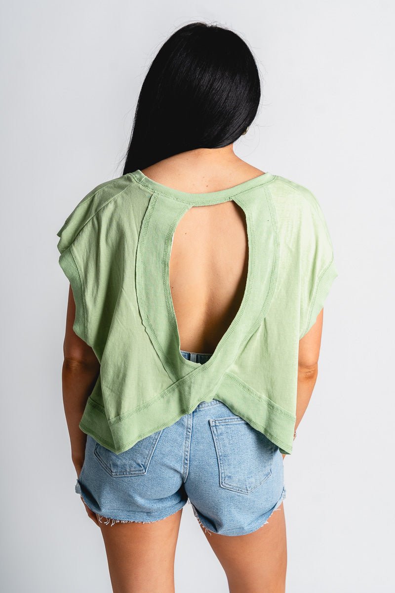 Open back flowy top sage - Adorable top - Stylish Vacation T-Shirts at Lush Fashion Lounge Boutique in Oklahoma City