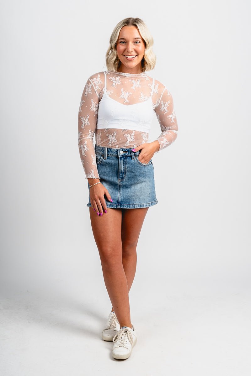 Long sleeve lace mesh top white