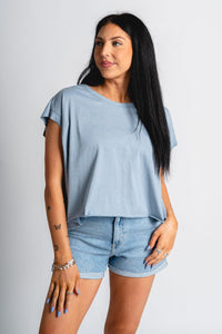 Open back flowy top blue - Cute top - Fun Vacay Basics at Lush Fashion Lounge Boutique in Oklahoma City