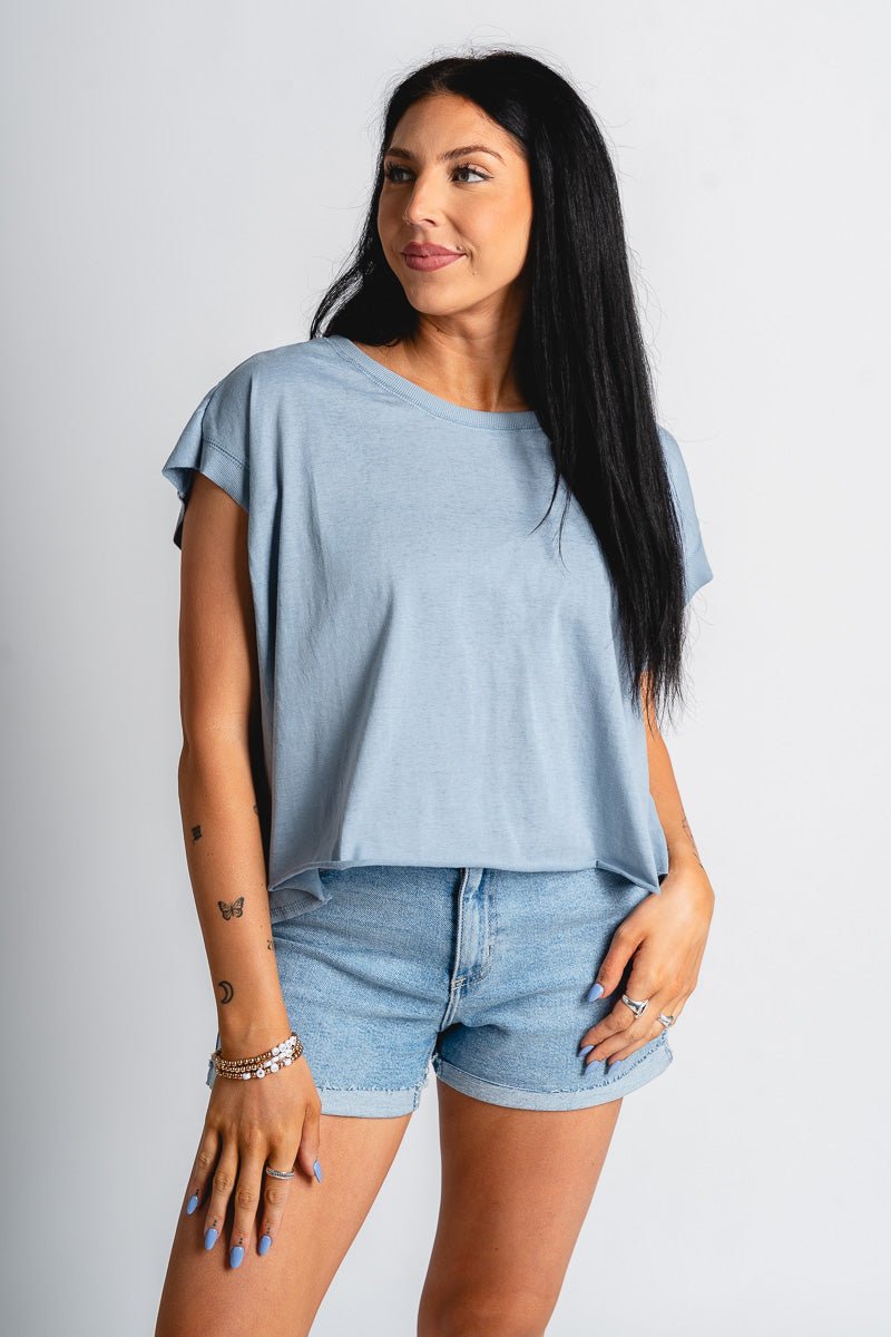 Open back flowy top blue - Cute top - Fun Vacay Basics at Lush Fashion Lounge Boutique in Oklahoma City