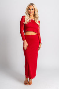 Mesh midi skirt red | Lush Fashion Lounge: boutique fashion skirts, affordable boutique skirts, cute affordable skirts