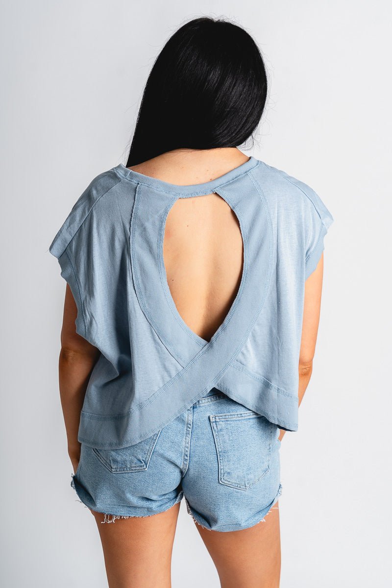 Open back flowy top blue - Adorable top - Stylish Vacation T-Shirts at Lush Fashion Lounge Boutique in Oklahoma City